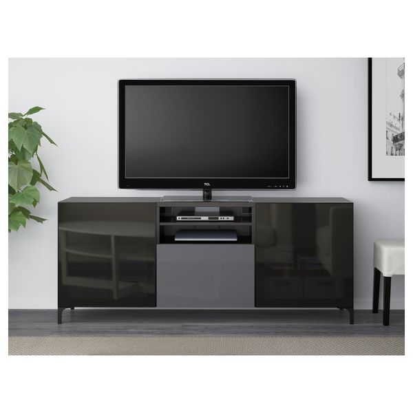 Тумба для ТВ с ящиками БЕСТО, черно-коричневый, Сельсвикен глянцевый/серый дымчатое стекло (180x40x74 см) - фото 2