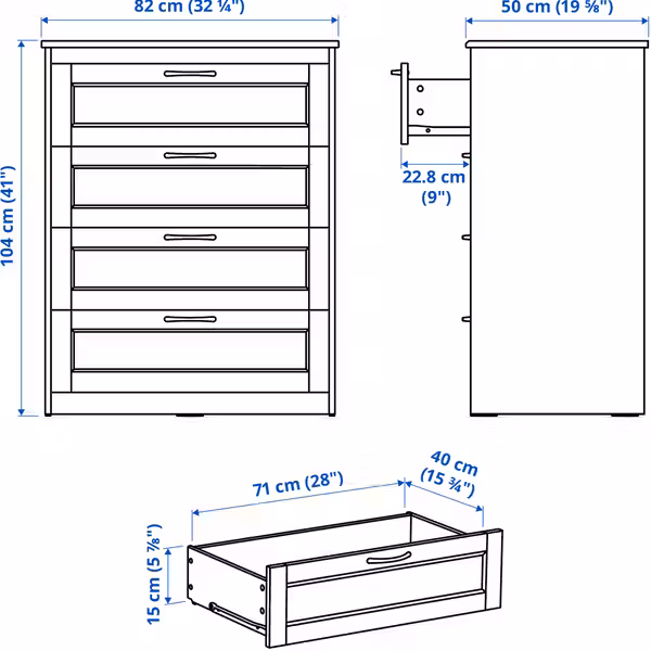 SONGESAND Комод с 4 ящиками - белый 82x104 см - схема-чертеж с размерами
