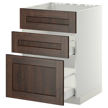 Напольный шкаф под мойку + 3 фронтальных панели/2ящ, белый/Эдсерум коричневый 60x60 см IKEA METOD МЕТОД / MAXIMERA МАКСИМЕРА