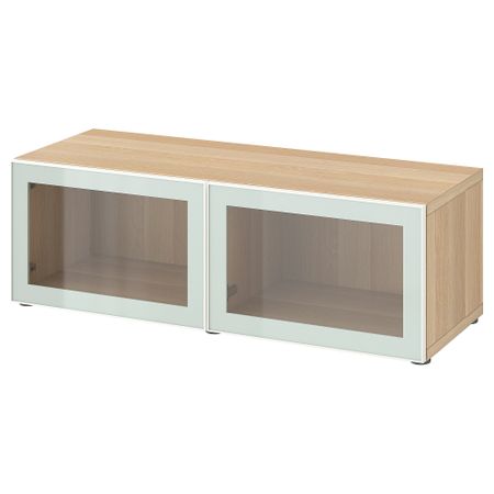 Lentyna su stikl. durimis, 120x42x38 cm, baltai beicuoto ąžuolo raštas Glassvik, balta, šviesi žalia skaidrus stiklas IKEA BESTÅ