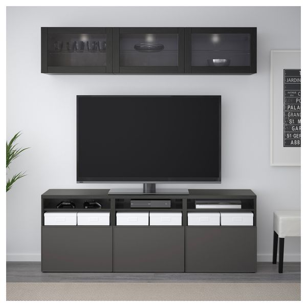 Шкаф для ТВ, комбинированный, стекляные дверцы БЕСТО, черно-коричневый Грундсвикен, темно-серый прозрачное стекло (180x40x192 - фото 3