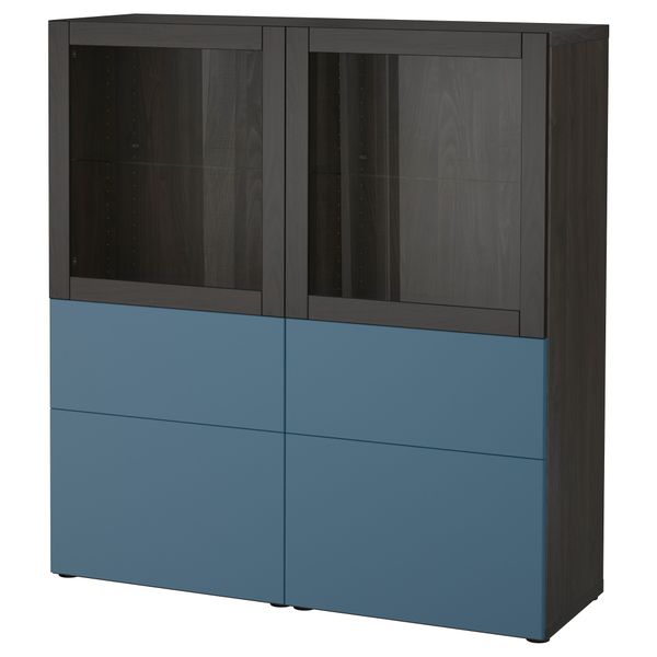 Комбинация для хранения со стеклянными дверцами БЕСТО, черно-коричневый Вальвикен, темно-синий прозрачное стекло (120x40x128 см) - фото 1