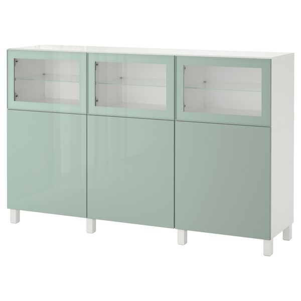 Комбинация для хранения с дверцами БЕСТО, белый Сельсвикен, глянцевый/серо-зеленый светлый прозрачное стекло (180x40x112 см) - фото 1