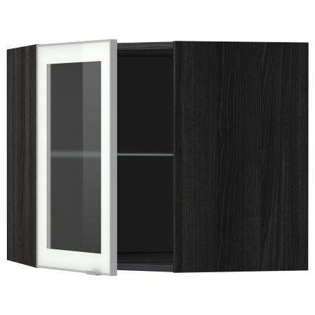 Угловой навесной шкаф с полками, стекляными дверцами МЕТОД, черный, Ютис матовое стекло