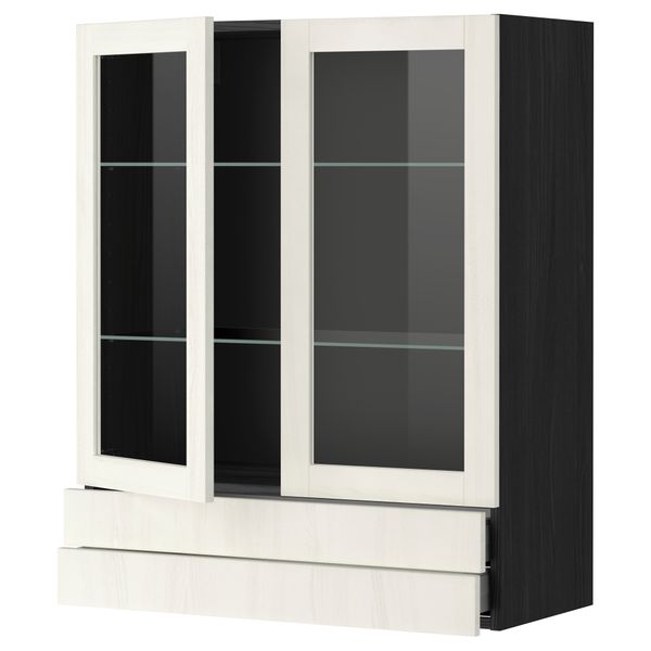 Навесной шкаф, 2 стеклянные дверцы, 2 ящика МЕТОД / МАКСИМЕРА, черный, Росдаль белый - схема-чертеж с размерами