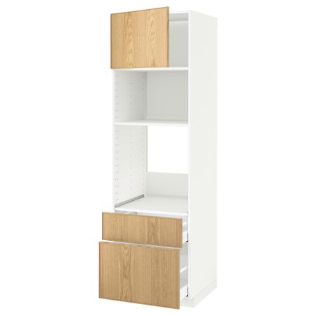 Высокий шкаф для духовки/СВЧ дверца, 2 ящика МЕТОД / МАКСИМЕРА, белый, Экестад дуб