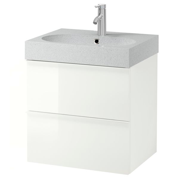 Шкаф для раковины с 2 ящиками ГОДМОРГОН / БРОВИКЕН, глянцевый белый, светло-серый (60x49x68 см) - фото 2