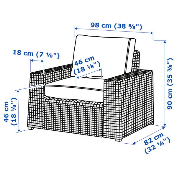 Садовое кресло, темно-серый/ЙЭРПОН/дувхольмен антрацит IKEA SOLLERÖN СОЛЛЕРОН 693.262.80 - схема-чертеж с размерами