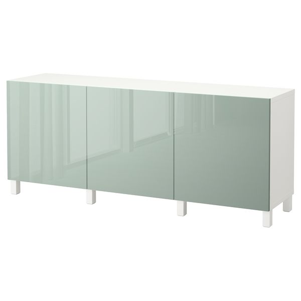 Комбинация для хранения с дверцами БЕСТО, белый, Сельсвикен глянцевый/серо-зеленый светлый (180x40x74 см) - фото 1