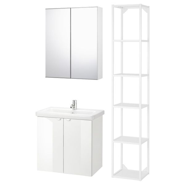 Комплект мебели для ванной,7 предм., глянцевый белый/ПИЛКОН смеситель 64x43x65 см IKEA FISKÅN ФИСКОН / TVÄLLEN ТВЭЛЛЕН - фото 1