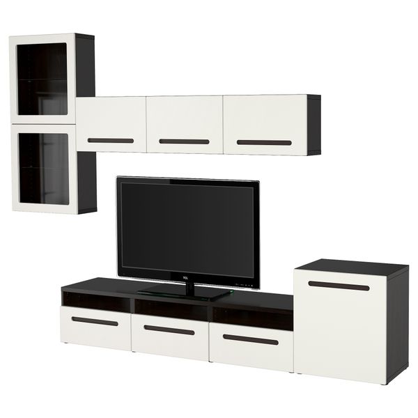 Шкаф для ТВ, комбинированный, стекляные дверцы БЕСТО, черно-коричневый, Марвикен белый прозрачное стекло (300x20/40x211 см) - фото 1