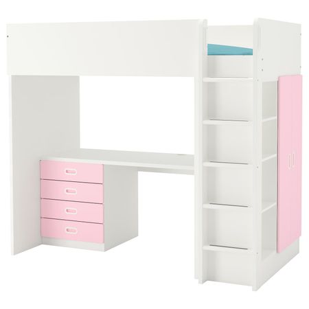 Кровать-чердак, 4 ящика, 2 дверцы, белый/светло-розовый 207x99x182 см IKEA СТУВА / ФРИТИДС 792.686.56