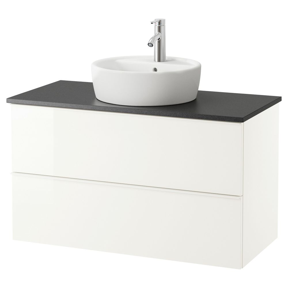 Шкаф п-раковину/столешн45/раковина ГОДМОРГОН/АЛДЕРН / ТОРНВИКЕН, глянцевый белый, черный (102x49x74 см) - схема-чертеж с размерами