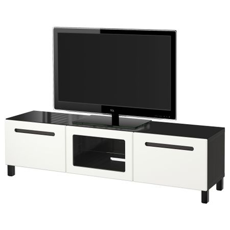 Тумба под ТВ, с дверцами БЕСТО, черно-коричневый, Марвикен белый прозрачное стекло (180x40x38 см)