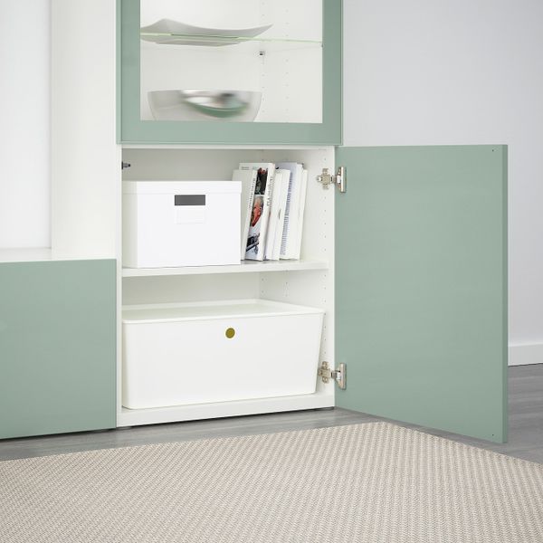 Шкаф для ТВ, комбинированный, стекляные дверцы, белый Сельсвикен, глянцевый/серо-зеленый светлый прозрачное стекло, 240x40x128 - фото 3