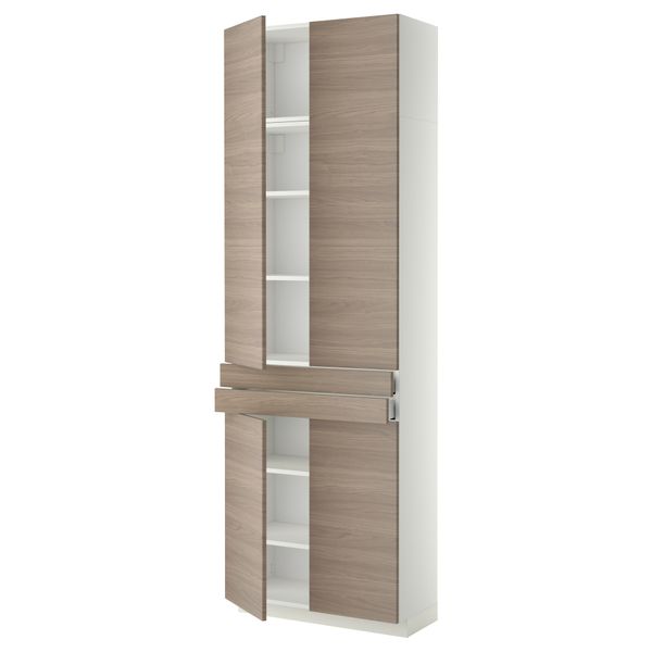 Высокий шкаф + полки, 2 ящика, 4 дверцы МЕТОД / МАКСИМЕРА, белый, Брокхульт светло-серый (80x37x240 см) - фото 1