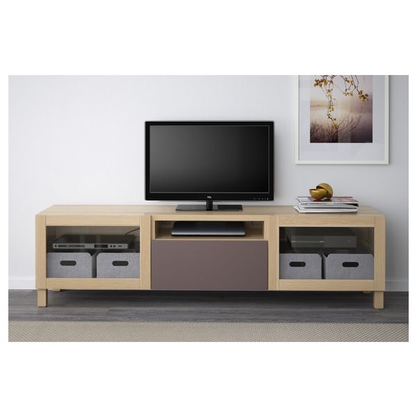 Тумба под ТВ БЕСТО, под беленый дуб, Вальвикен темно-коричневый, прозрачное стекло (180x40x48 см) - схема-чертеж с размерами