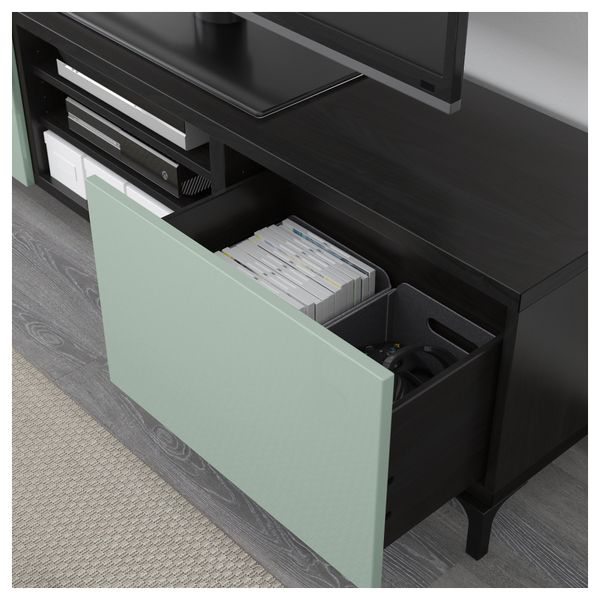 Тумба для ТВ с ящиками БЕСТО, черно-коричневый, Сельсвикен глянцевый/серо-зеленый светлый (180x40x48 см) - фото 3