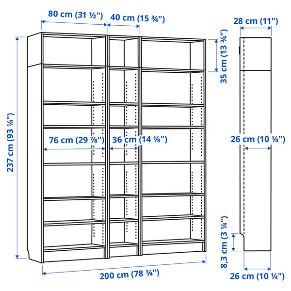 Стеллаж, 200x28x237 см, черно-коричневый IKEA BILLY БИЛЛИ 090.204.71 - схема-чертеж с размерами