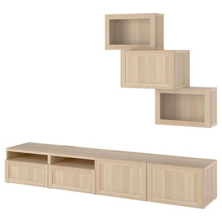 Комбинация для ТВ/стеклянные дверцы, под беленый дуб Синдвик/Ханвикен под беленый дуб, прозрачное стелко 240x42x190 см IKEA