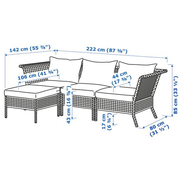 3-местный модульный диван, садовый, черно-коричневый/Холло бежевый 222x142x85 см IKEA КУНГСХОЛЬМЕН 092.571.85 - схема-чертеж с размерами