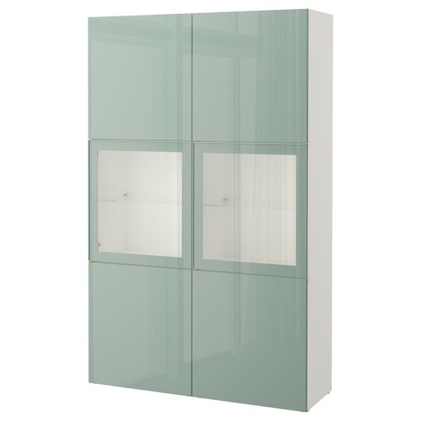 Комбинация для хранения + стеклянная дверц, белый Сельсвикен, глянцевый/серо-зеленый светлый прозрачное стекло, 120x40x192 см - фото 1