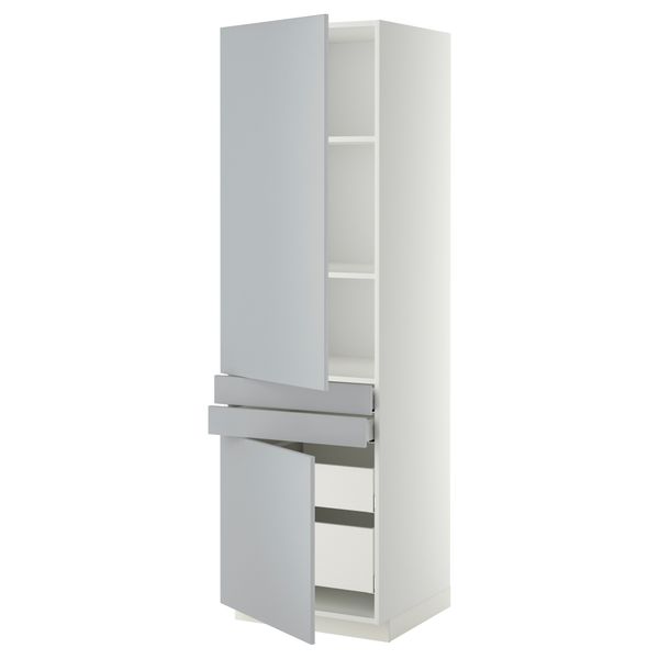 Высокий шкаф + полки, 4 ящик, 2 двери, 2 фронтальные МЕТОД / МАКСИМЕРА, белый, Веддинге серый (60x60x200 см) - фото 1