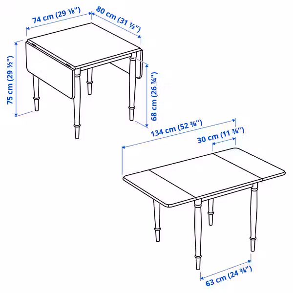 DANDERYD Стол c откидными полами - дубовый шпон/белый 74/134x80 см - схема-чертеж с размерами