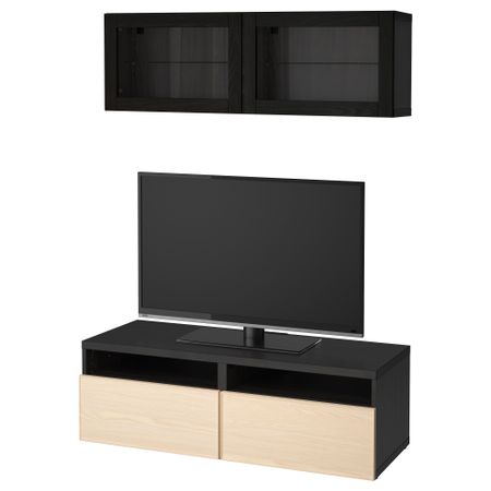 Шкаф для ТВ, комбинированный, стекляные дверцы БЕСТО, черно-коричневый, Инвикен ясеневый шпон (120x20/40x166 см)