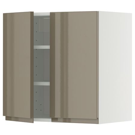 METOD Навесной шкаф с полками/2дверцы - белый/Voxtorp глянцевый темный серо-коричневый 60x60 см