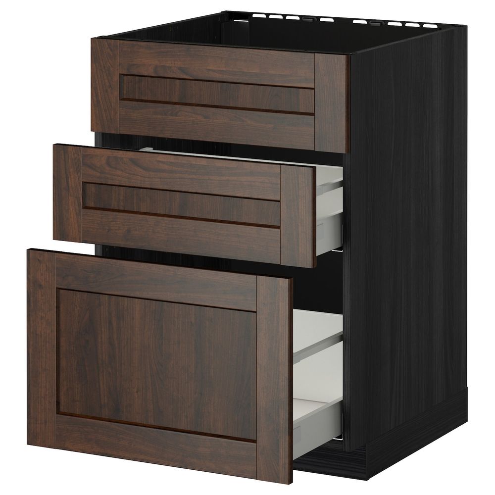 Напольный шкаф под мойку + 3 фронтальных панели/2ящ, черный/Эдсерум коричневый 60x60 см IKEA МЕТОД / МАКСИМЕРА 192.353.67 - схема-чертеж с размерами