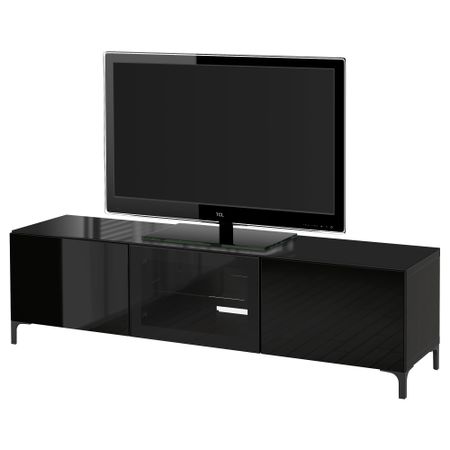 Тумба под ТВ, с дверцами БЕСТО, черно-коричневый, Сельсвикен глянцевый/черный прозрачное стекло (180x40x38 см)