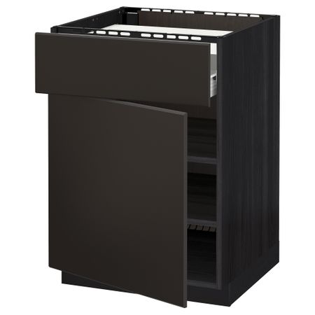 Напольный шкаф для варочной панели, ящик, полка, дверцы МЕТОД / ФОРВАРА, черный, Кунгсбакка антрацит (60x60 см)
