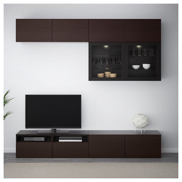 Шкаф для ТВ, комбинированный, стекляные дверцы БЕСТО, черно-коричневый Синдвик, Инвикен черно-коричневый прозрачное стекло - фото 2