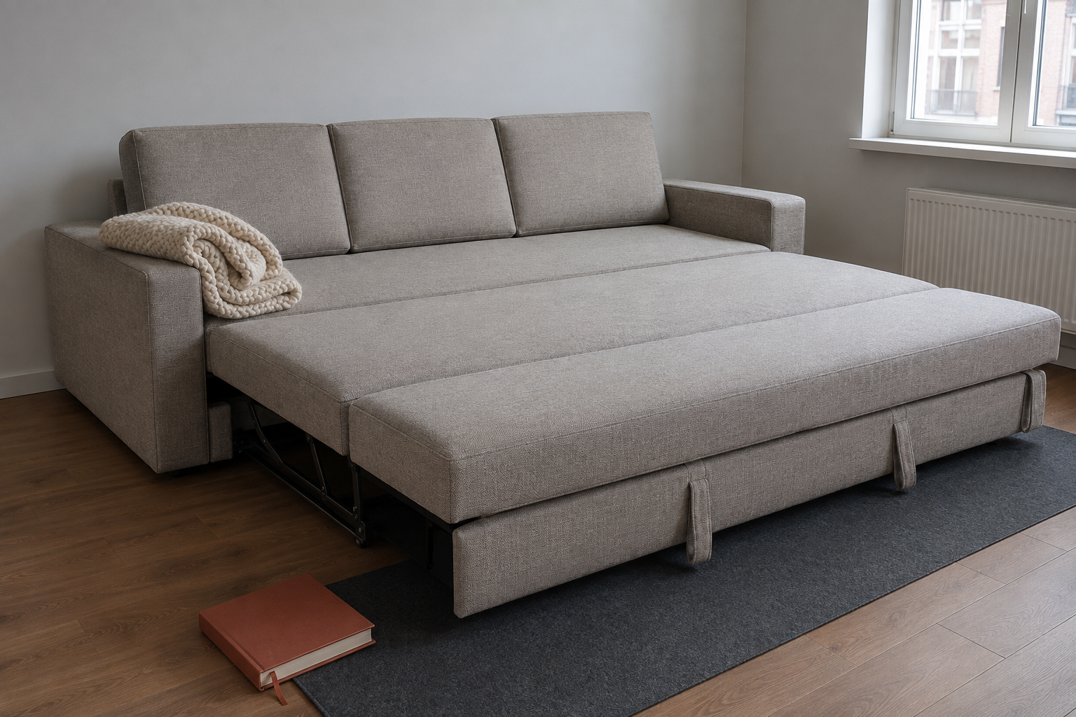 Диван-кровать IKEA VRETSTORP 3-местный в ткани Karlshov серо-бежевый, частично разложенный − спальное место king-size 140×200 см