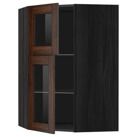 Угловой навесной шкаф + полки, 2 стеклянные дверцы МЕТОД, черный, Эдсерум коричневый (68x100 см)