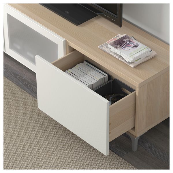 Тумба под ТВ с ящиками и дверцей БЕСТО, под беленый дуб, Сельсвикен глянцевый/белый матовое стекло (180x40x48 см) - фото 3