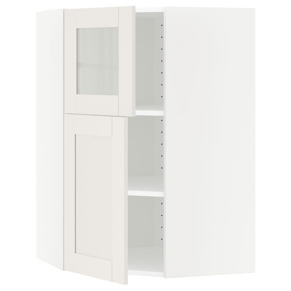 Угловой навесной шкаф + полки, 1 дверца, 1 стеклянные дверцы МЕТОД, белый, Сэведаль белый (68x100 см) - схема-чертеж с размерами