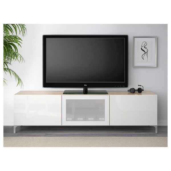 Тумба под ТВ с ящиками и дверцей БЕСТО, под беленый дуб, Сельсвикен глянцевый/белый матовое стекло (180x40x48 см) - фото 2