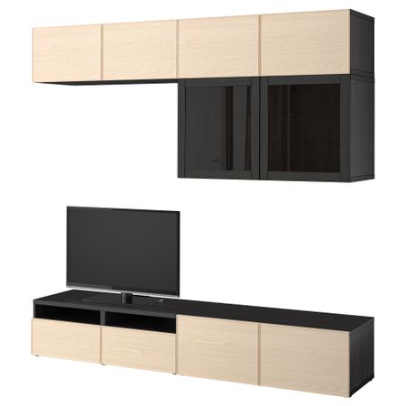 Шкаф для ТВ, комбинированный, стекляные дверцы БЕСТО, черно-коричневый Синдвик, Инвикен ясеневый шпон (240x40x230 см)