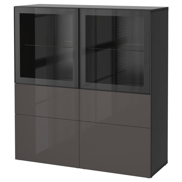 Комбинация для хранения со стеклянными дверцами БЕСТО, черно-коричневый, Сельсвикен глянцевый/серый прозрачное стекло - фото 1