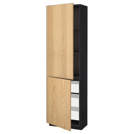 Высокий шкаф + полки, 3 ящика, 2 дверцы МЕТОД / МАКСИМЕРА, черный, Экестад дуб