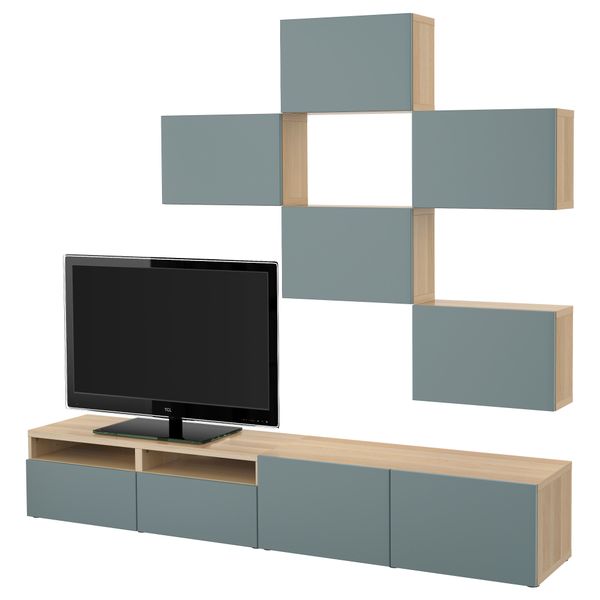 Шкаф для ТВ, комбинация БЕСТО, под беленый дуб, Вальвикен серо-бирюзовый (240x20/40x204 см) - фото 1