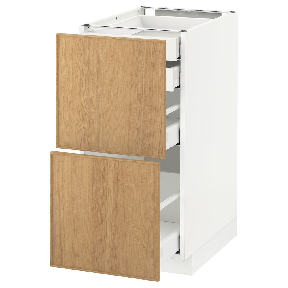 Напольный шкаф 2 фронтальные панели, 2 нижних, 1 средний, 1 высокий ящ, белый/Экестад дуб 40x60 см IKEA METOD МЕТОД / MAXIMERA - схема-чертеж с размерами