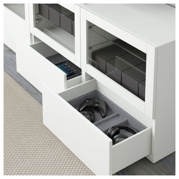 Тумба под ТВ, с дверцами и ящиками БЕСТО, Лаппвикен, Синдвик белый прозрачное стекло (180x40x64 см) - фото 3