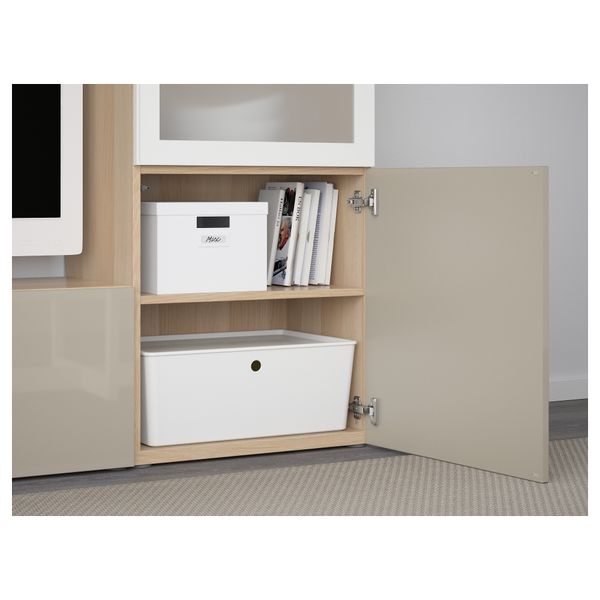 Шкаф для ТВ, комбинированный, стекляные дверцы БЕСТО, под беленый дуб, Сельсвикен глянцевый/бежевый матовое стекло (240x40x128 - фото 3