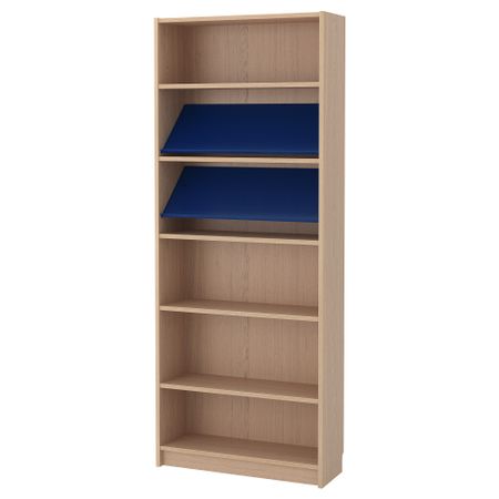 Стеллаж с наклонной полкой БИЛЛИ / БОТТНА, дубовый шпон, беленый, синий (80x28x202 см)