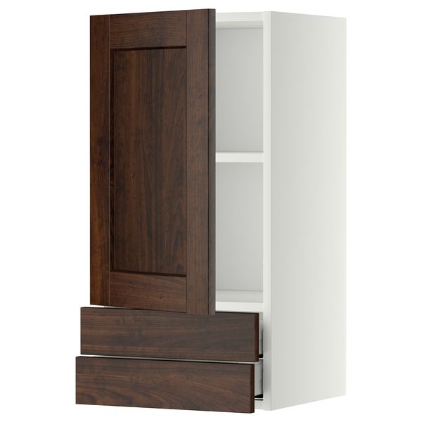 Навесной шкаф с дверцей, 2 ящика МЕТОД / МАКСИМЕРА, белый, Эдсерум коричневый - фото 1