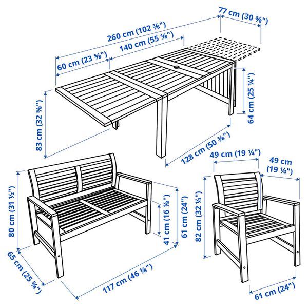 Стол + 2 кресла + скамья, для/сада, коричневая морилка IKEA ÄPPLARÖ ЭПЛАРО 292.289.22 - схема-чертеж с размерами