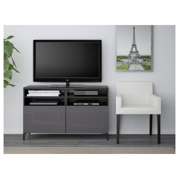 Тумба под ТВ, с дверцами БЕСТО, черно-коричневый, Сельсвикен глянцевый/серый (120x40x74 см) - фото 2